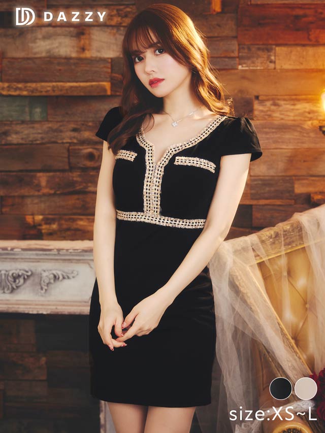 シンプル格子柄刺繍切り替え半袖タイトミニドレス[XS~L/4サイズ展開]