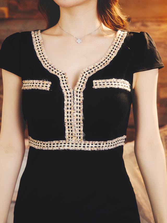 シンプル格子柄刺繍切り替え半袖タイトミニドレス[XS~L/4サイズ展開]