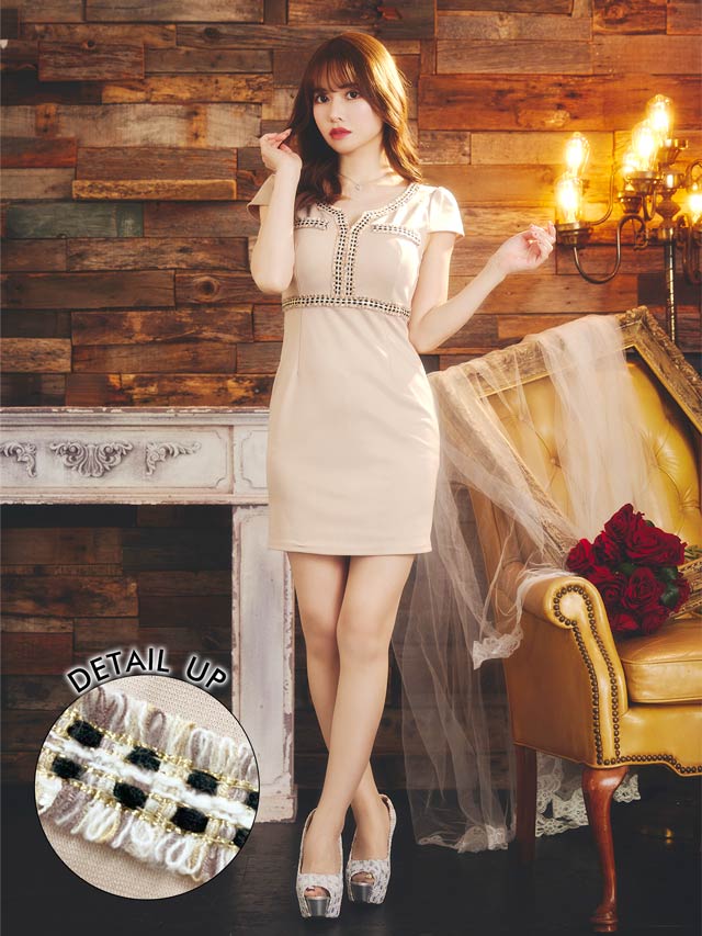 シンプル格子柄刺繍切り替え半袖タイトミニドレス[XS~L/4サイズ展開]