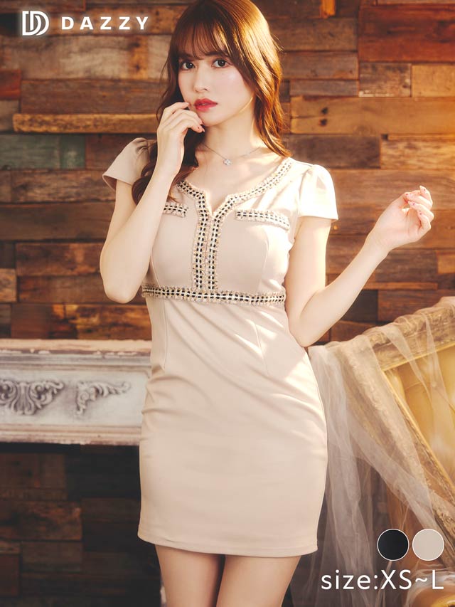 シンプル格子柄刺繍切り替え半袖タイトミニドレス[XS~L/4サイズ展開]