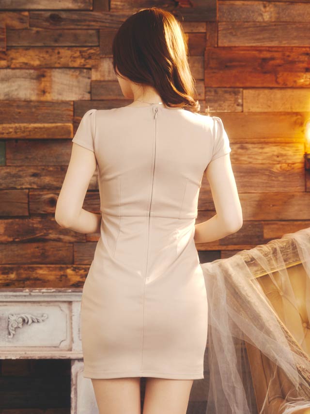 シンプル格子柄刺繍切り替え半袖タイトミニドレス[XS~L/4サイズ展開]