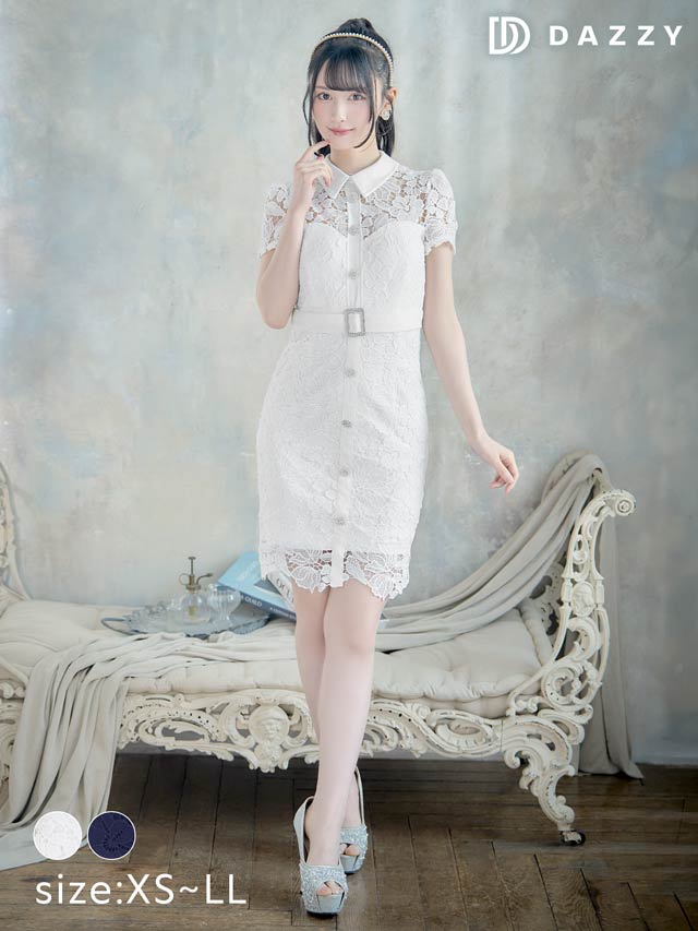 [XS~Lサイズ]ケミカルフラワーレース襟付きベルトモチーフ半袖タイトミニドレス[4サイズ展開]