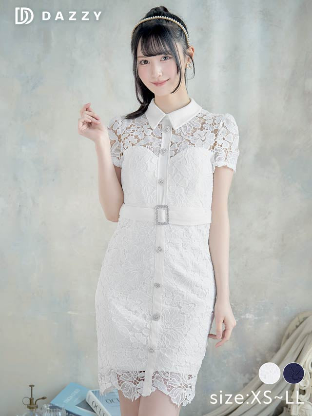 [XS~Lサイズ]ケミカルフラワーレース襟付きベルトモチーフ半袖タイトミニドレス[4サイズ展開]
