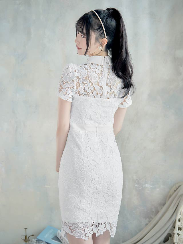 [XS~Lサイズ]ケミカルフラワーレース襟付きベルトモチーフ半袖タイトミニドレス[4サイズ展開]