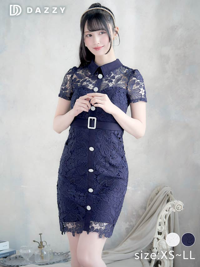 [XS~Lサイズ]ケミカルフラワーレース襟付きベルトモチーフ半袖タイトミニドレス[4サイズ展開]