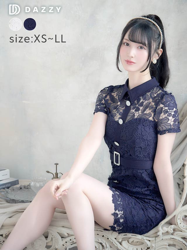 [XS~Lサイズ]ケミカルフラワーレース襟付きベルトモチーフ半袖タイトミニドレス[4サイズ展開]