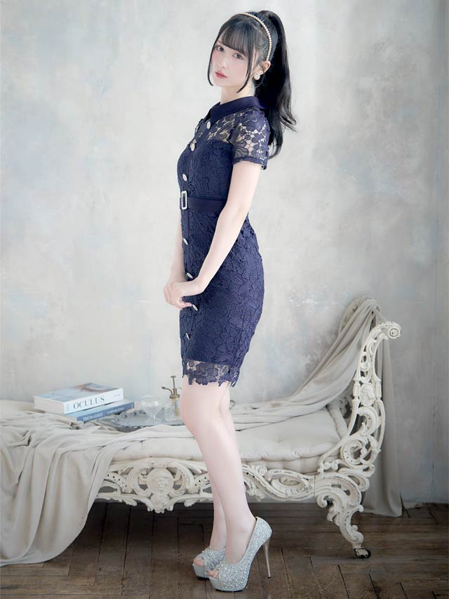 [XS~Lサイズ]ケミカルフラワーレース襟付きベルトモチーフ半袖タイトミニドレス[4サイズ展開]