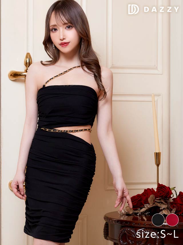 [SMLサイズ]ギャザーサイドカットチェーンワンショルダータイトミニドレス[3サイズ展開]