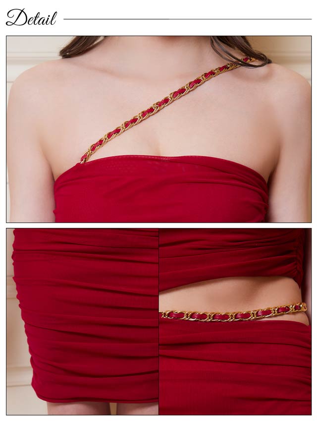 [SMLサイズ]ギャザーサイドカットチェーンワンショルダータイトミニドレス[3サイズ展開]