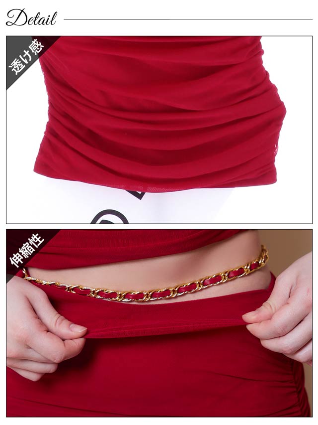 [SMLサイズ]ギャザーサイドカットチェーンワンショルダータイトミニドレス[3サイズ展開]