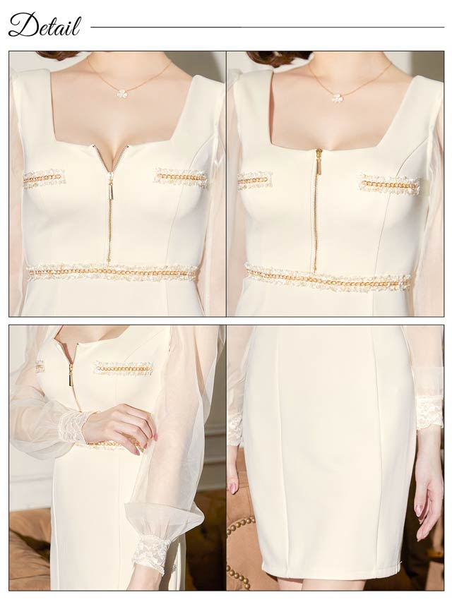 ゴールドチェーンフロントジップ長袖レースタイトミニドレス[S~LL/4サイズ展開]