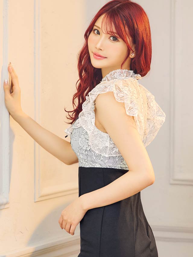 [SMLサイズ]フラワーレースフリルネックリボンマーメイドミニドレス[3サイズ展開]