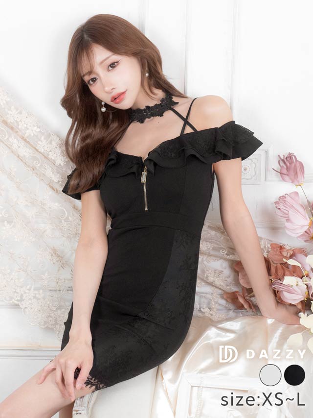 チョーカー風オフショルファスナーフリルタイトミニドレス[XS~L/4サイズ展開][明日花キララ着用]