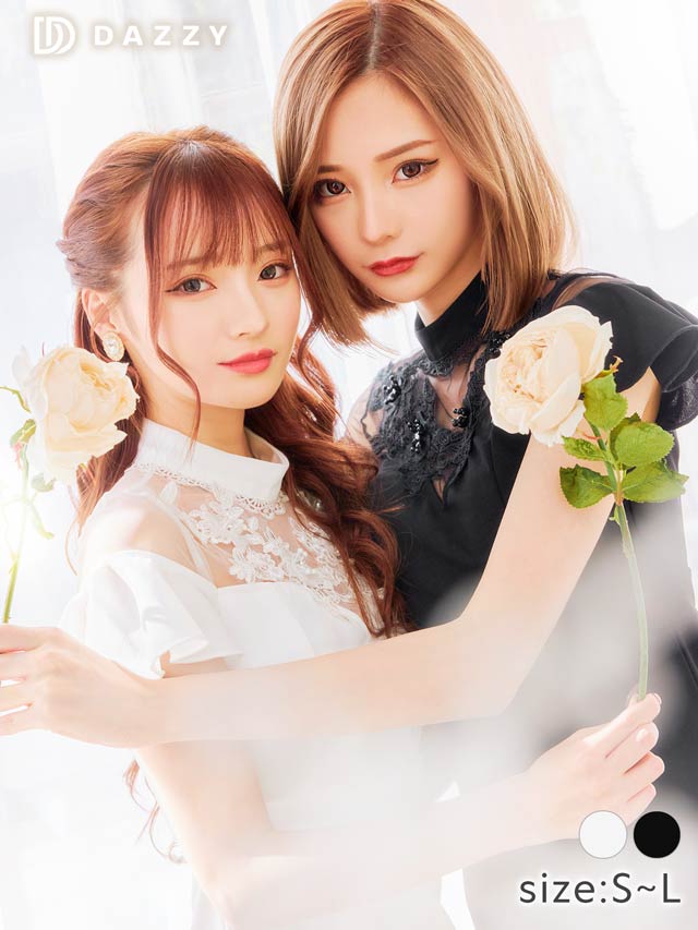 [SMLサイズ]ハイネックドッキングシアーフラワーフリル袖タイトミニドレス[3サイズ展開]