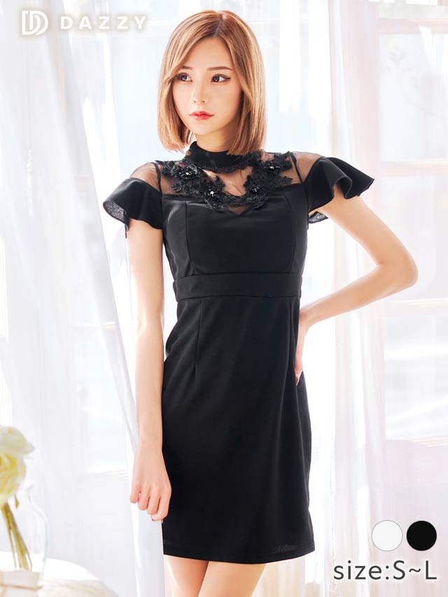 [SMLサイズ]ハイネックドッキングシアーフラワーフリル袖タイトミニドレス[3サイズ展開]