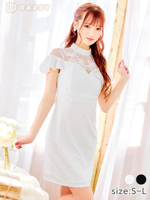 [SMLサイズ]ハイネックドッキングシアーフラワーフリル袖タイトミニドレス[3サイズ展開]