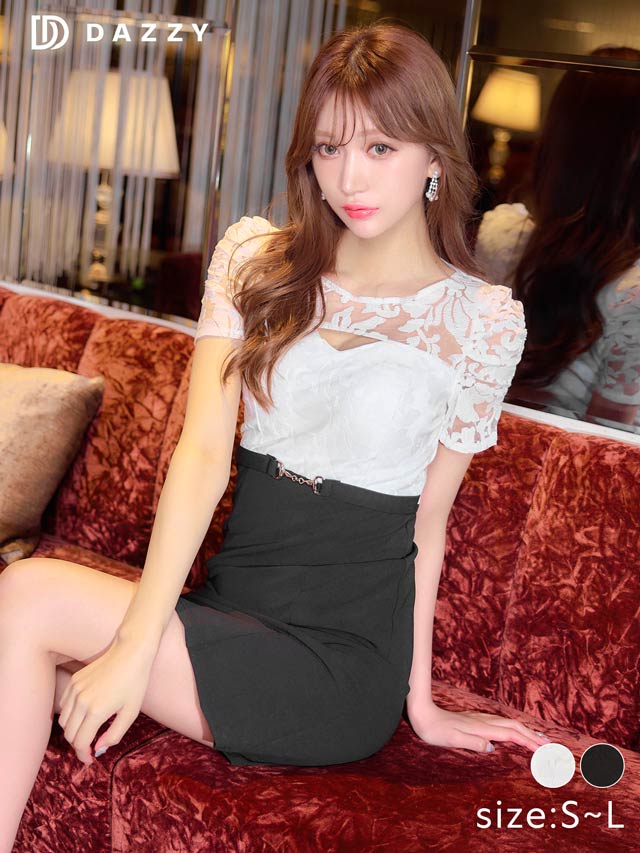 [SMLサイズ]シアーホールジャガードモチーフベルト半袖ドレス[3サイズ展開]