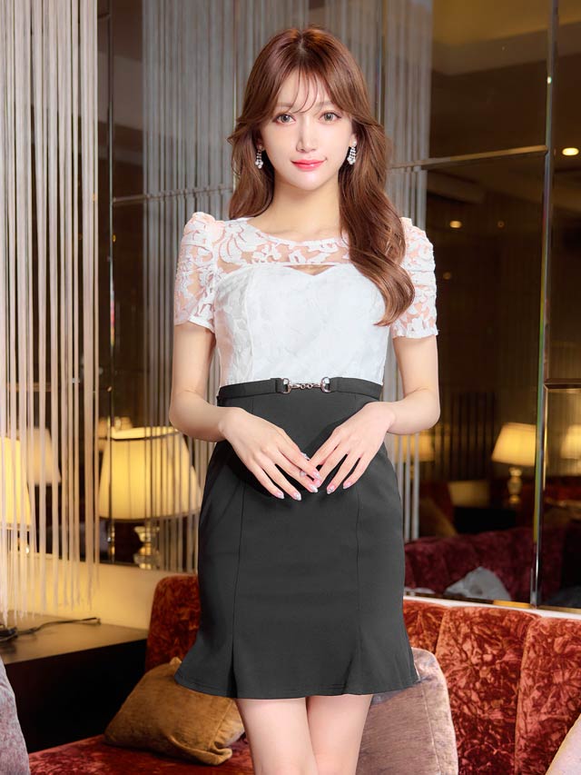 [SMLサイズ]シアーホールジャガードモチーフベルト半袖ドレス[3サイズ展開]