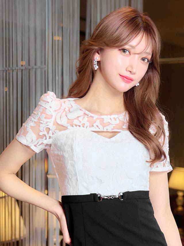 [SMLサイズ]シアーホールジャガードモチーフベルト半袖ドレス[3サイズ展開]