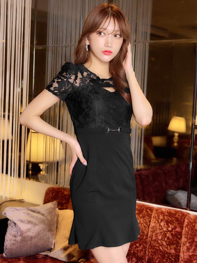 [SMLサイズ]シアーホールジャガードモチーフベルト半袖ドレス[3サイズ展開]