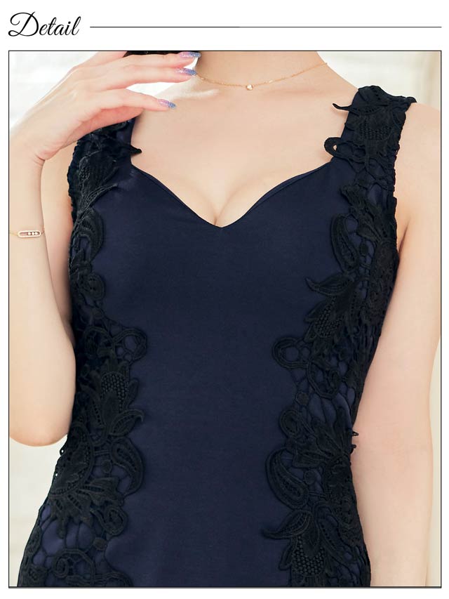 [SMLサイズ]シンプルVネック刺繍レースサイドタイトミニドレス[3サイズ展開]