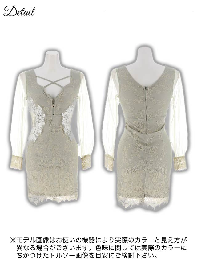 フロントジップクロスフラワーチュール長袖タイトミニドレス[XS~L/4サイズ展開]