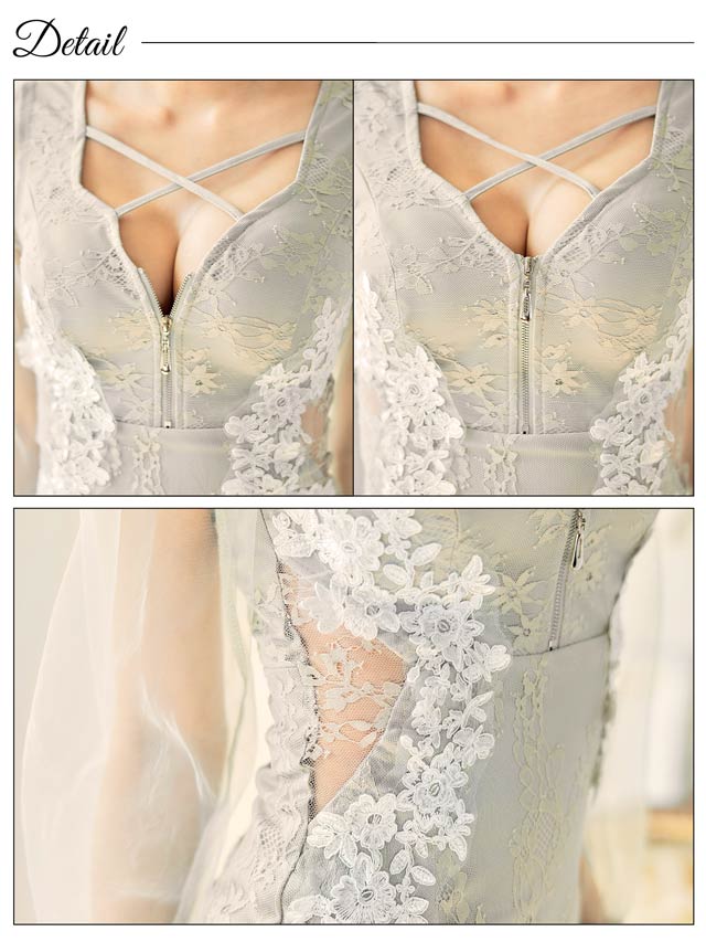 フロントジップクロスフラワーチュール長袖タイトミニドレス[XS~L/4サイズ展開]