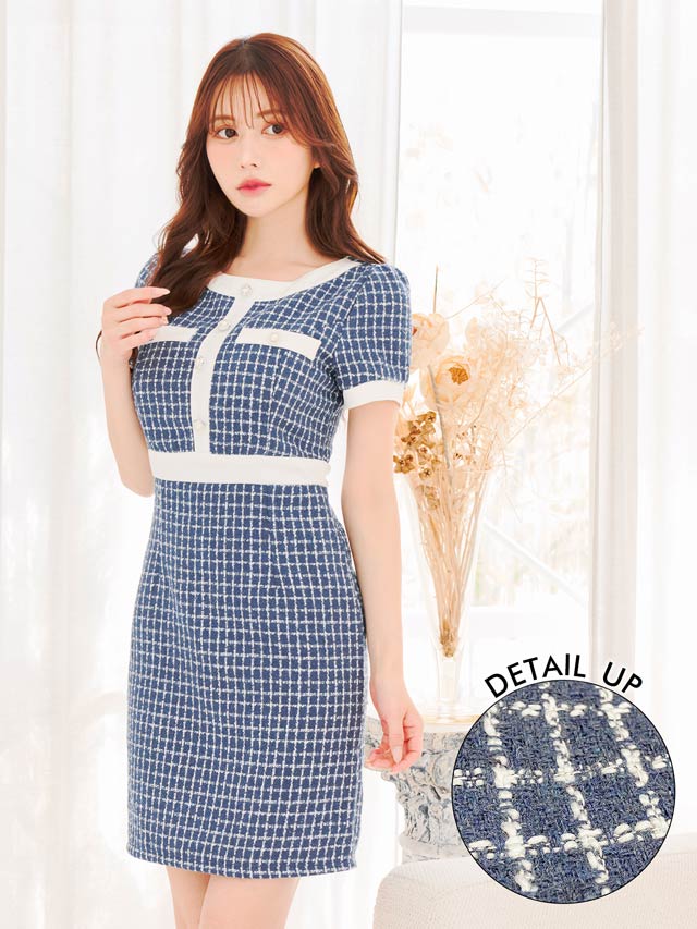 バイカラーチェックツイードフロントライン半袖タイトミニドレス[SML/3サイズ展開]