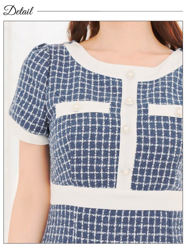 バイカラーチェックツイードフロントライン半袖タイトミニドレス[SML/3サイズ展開]