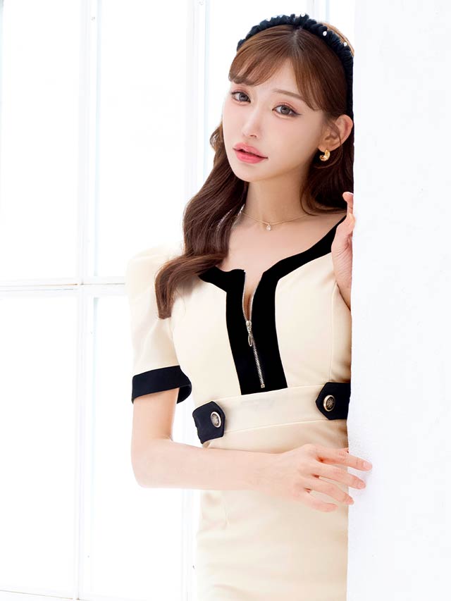 バイカラーラインウエストビジューパフスリーブタイトミニドレス[S~LL/4サイズ展開]