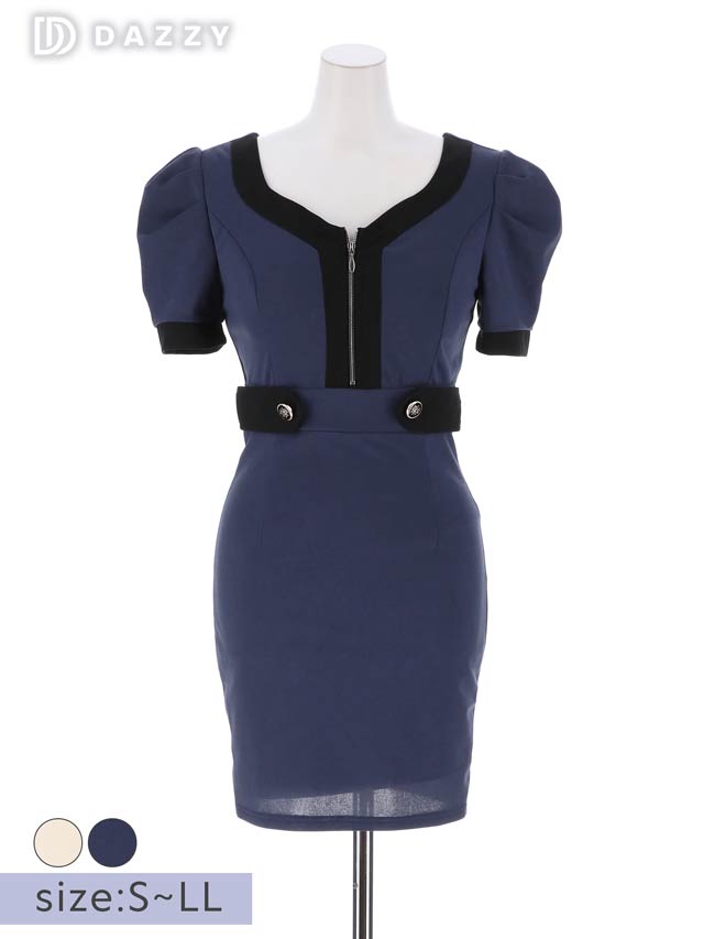 バイカラーラインウエストビジューパフスリーブタイトミニドレス[S~LL/4サイズ展開]