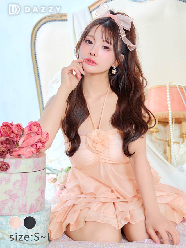 [SMLサイズ]ローズホルターネックボリュームチュールAラインミニドレス[3サイズ展開]