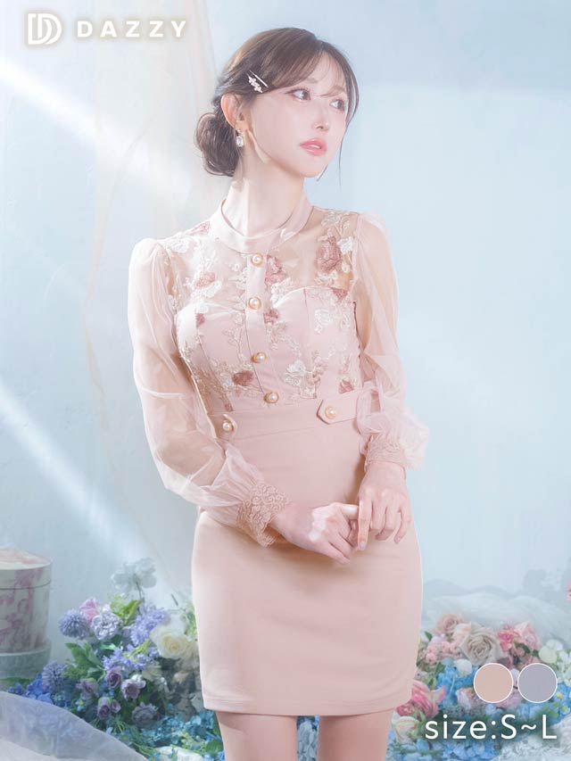 パステルフラワー刺繍ドッキングシアー長袖タイトミニドレス[SML/3サイズ展開]
