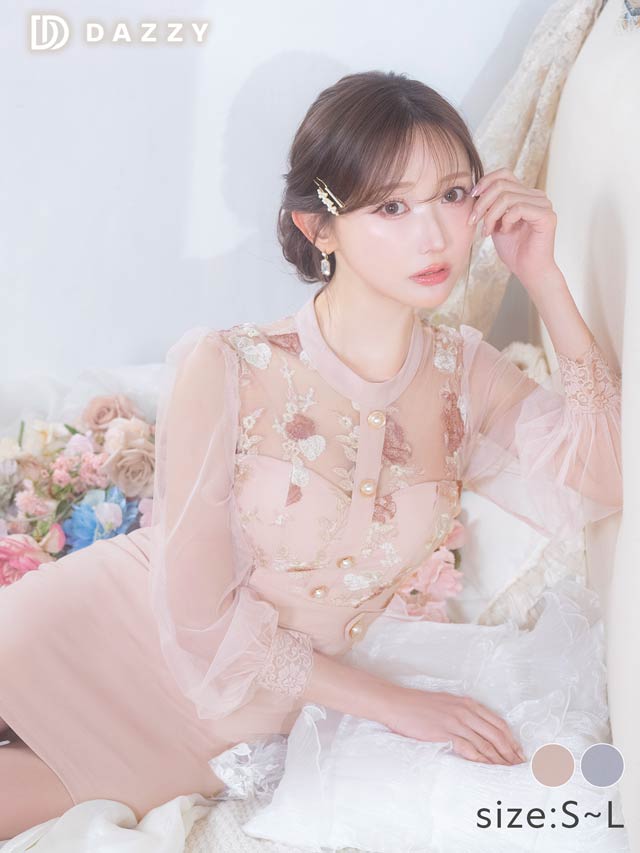 パステルフラワー刺繍ドッキングシアー長袖タイトミニドレス[SML/3サイズ展開]