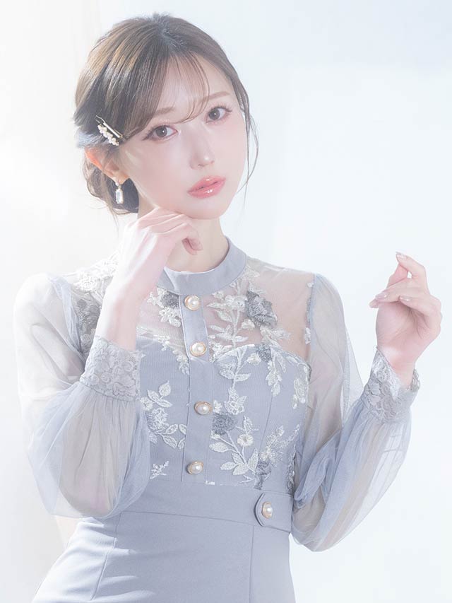 パステルフラワー刺繍ドッキングシアー長袖タイトミニドレス[SML/3サイズ展開]