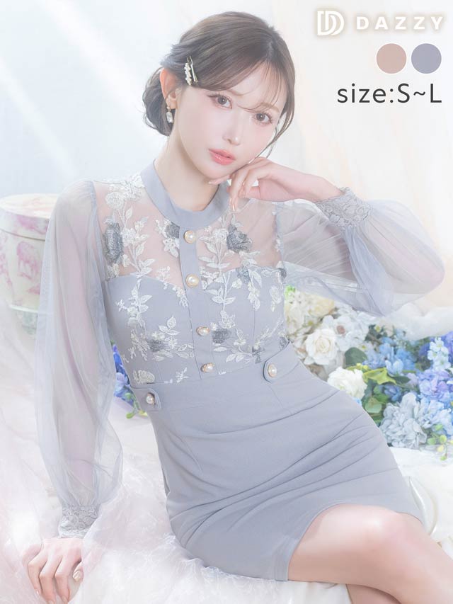 パステルフラワー刺繍ドッキングシアー長袖タイトミニドレス[SML/3サイズ展開]