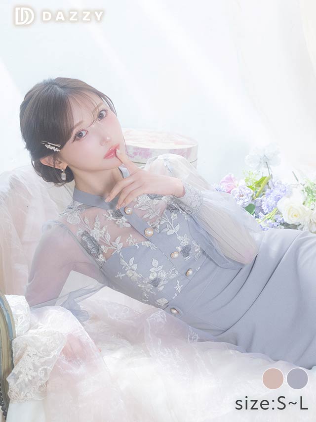 パステルフラワー刺繍ドッキングシアー長袖タイトミニドレス[SML/3サイズ展開]