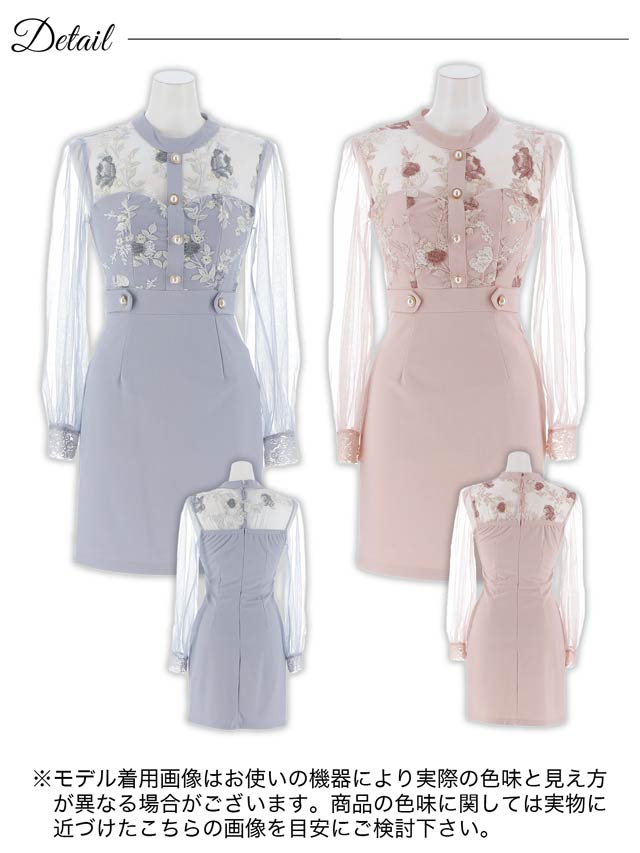 パステルフラワー刺繍ドッキングシアー長袖タイトミニドレス[SML/3サイズ展開]