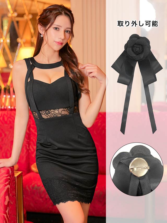 [SMLサイズ]フラワーブローチ付きウエストシアーレースタイトミニドレス[3サイズ展開]