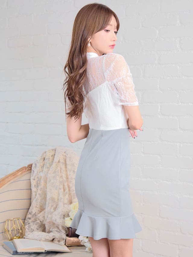 [SMLサイズ]パールネックレスドッキングレース半袖マーメイドミニドレス[3サイズ展開][LIVE紹介]