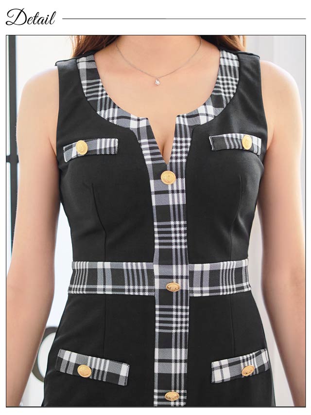 [SMLサイズ]チェックラインボタンビジューノースリーブタイトミニドレス[3サイズ展開]