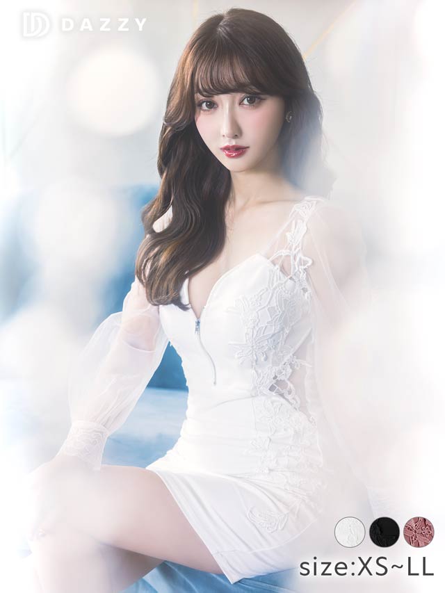 7/22再入荷!  モノトーンフロントジップサイドシアー長袖タイトミニドレス[XS〜LL/5サイズ展開]