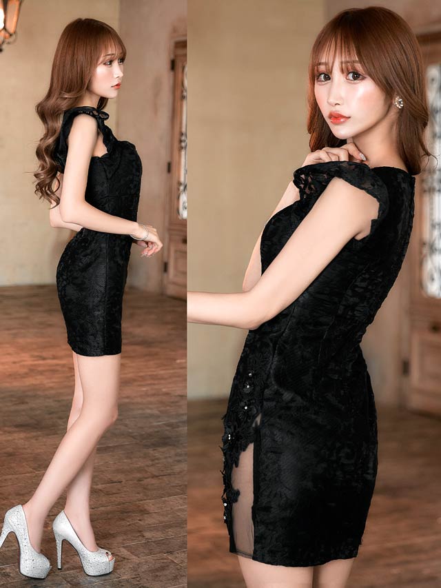 パールフラワー総レースフロントジップタイトミニドレス[XS〜L/4サイズ展開]