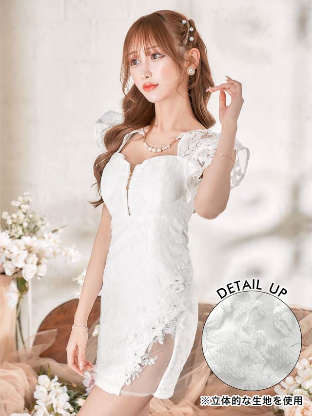 パールフラワー総レースフロントジップタイトミニドレス[XS〜L/4サイズ展開]