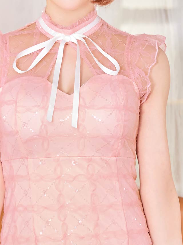 [XS~Lサイズ]フラワー格子ネックリボンホールフリル袖タイトミニドレス[4サイズ展開]