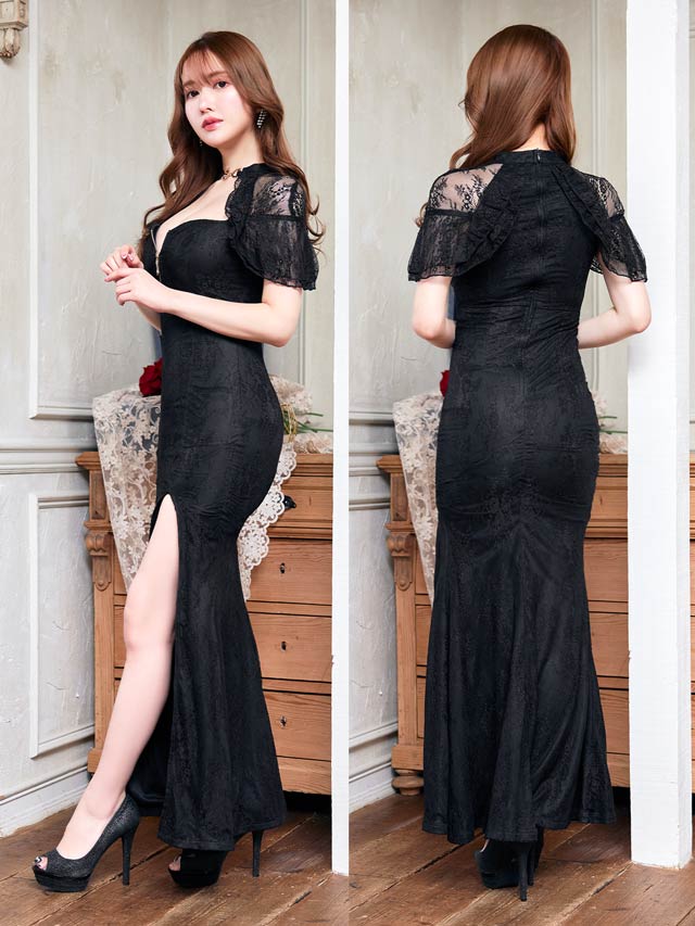 総レースフロントジップフレア袖スリットタイトロングドレス[SML/3サイズ展開]