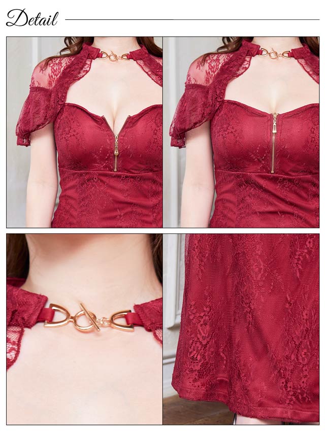 総レースフロントジップフレア袖スリットタイトロングドレス[SML/3サイズ展開]