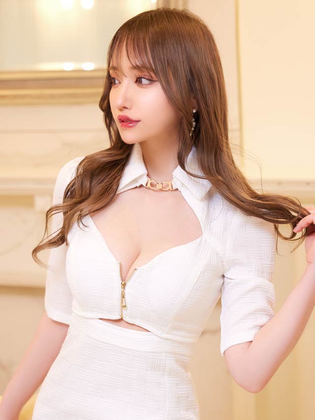 フロントジップカットアウト襟付きバックルタイトミニドレス[XS~LL/5サイズ展開]