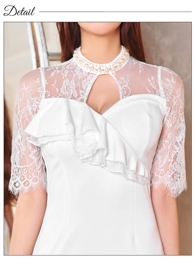 [SMLサイズ]ハイネックホールフリルラインレース五分袖タイトミニドレス[3サイズ展開]