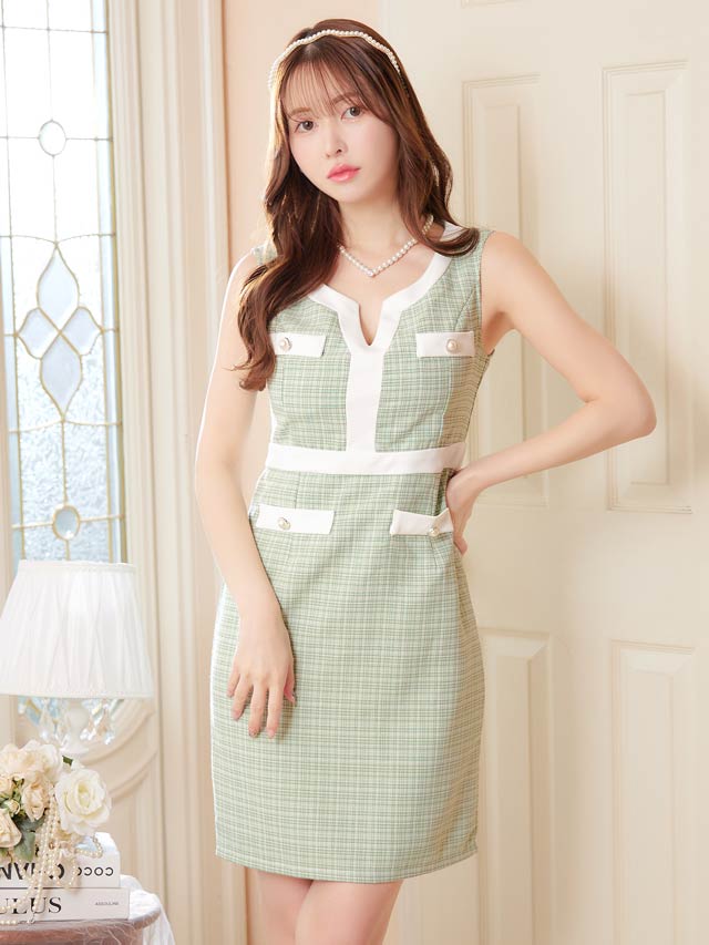 [XS~Mサイズ]ダスティーチェックフロントラインノースリーブタイトミニドレス[3サイズ展開]